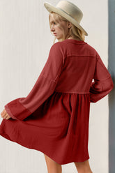 Double Take Waffle-Knit Contrast Half Button V-Neck Long Sleeve Mini Dress OutfitFlow